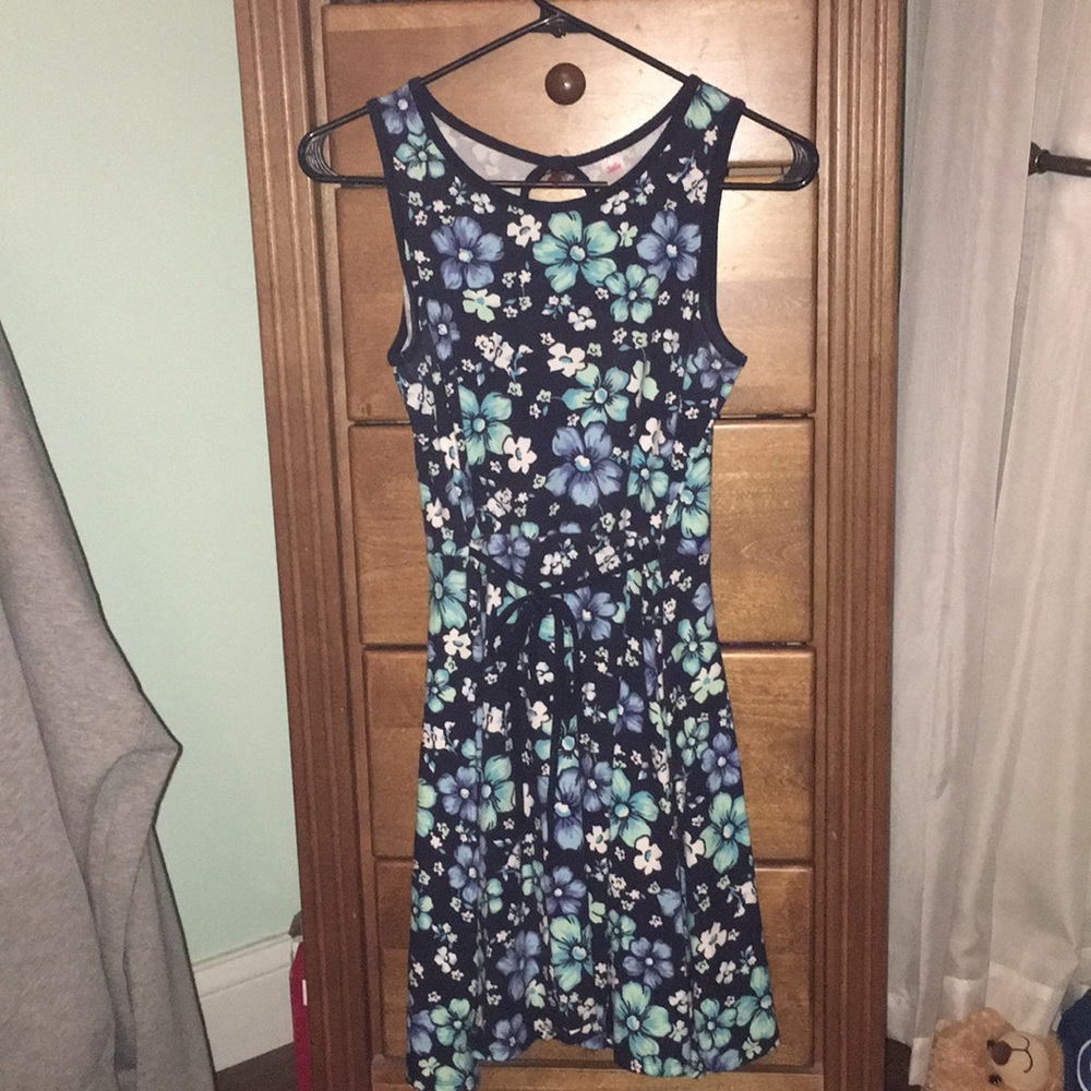 Black dress with blue flowers